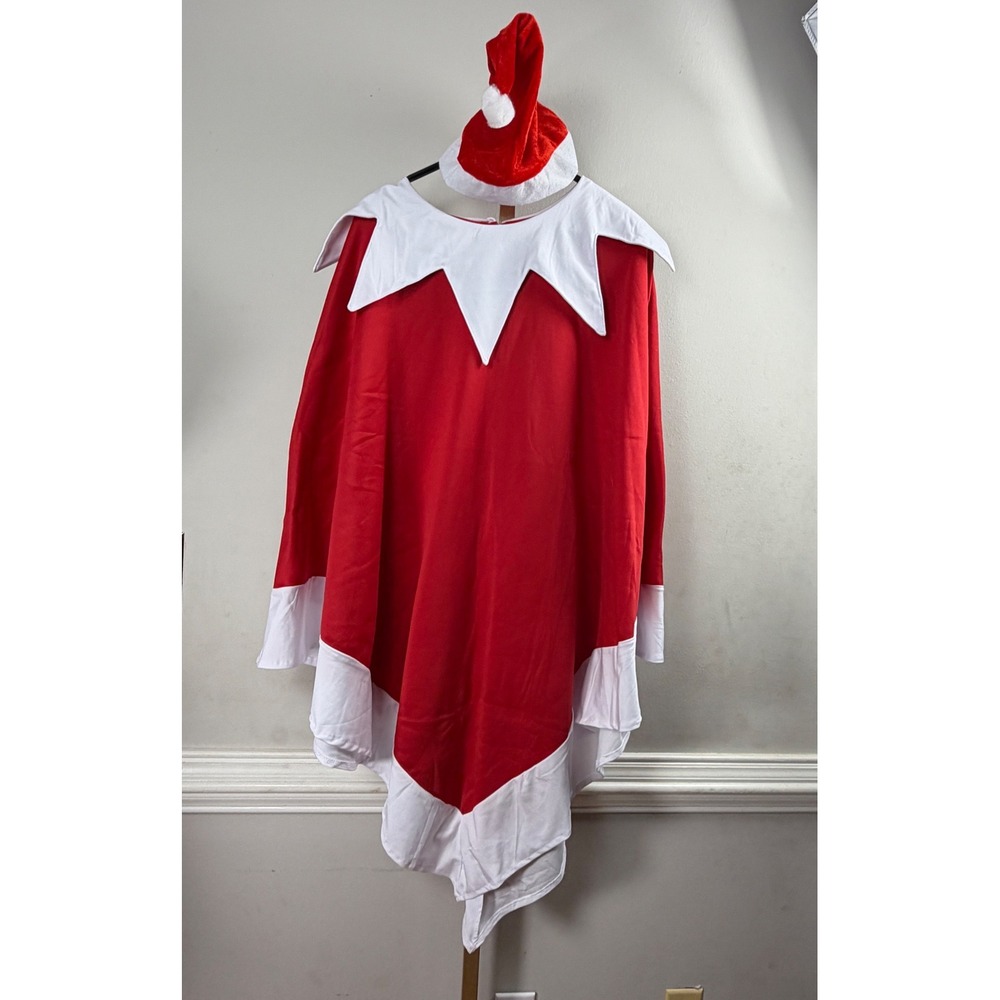 Elf Costume Poncho Women OS Red White Holiday Set with Hat Mrs clause elf shelf